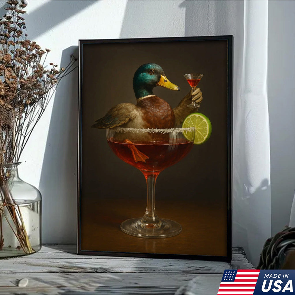 Funny Mallard Duck Canvas Wall Art - Quirky Animal in Cocktail Glass Design