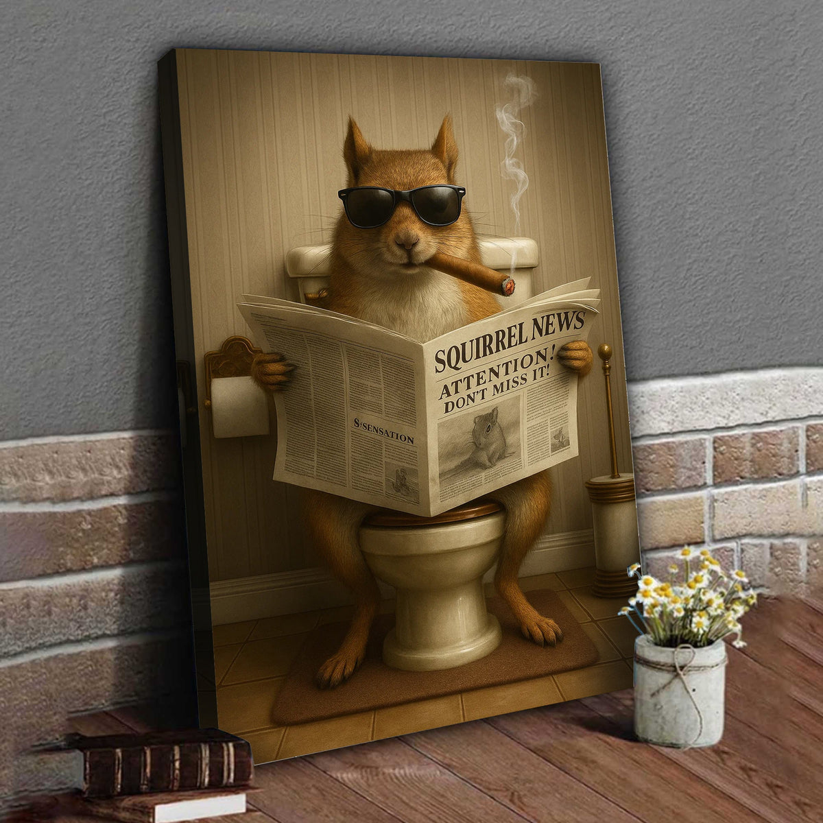Squirrel Reading News Smoking Bathroom Wall Art – Rustic Decor for Men, Hunting Cabin Canvas