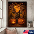 Trophy Buck Halloween Canvas Wall Art – Spooky Deer with Pumpkins and Full Moon Decor
