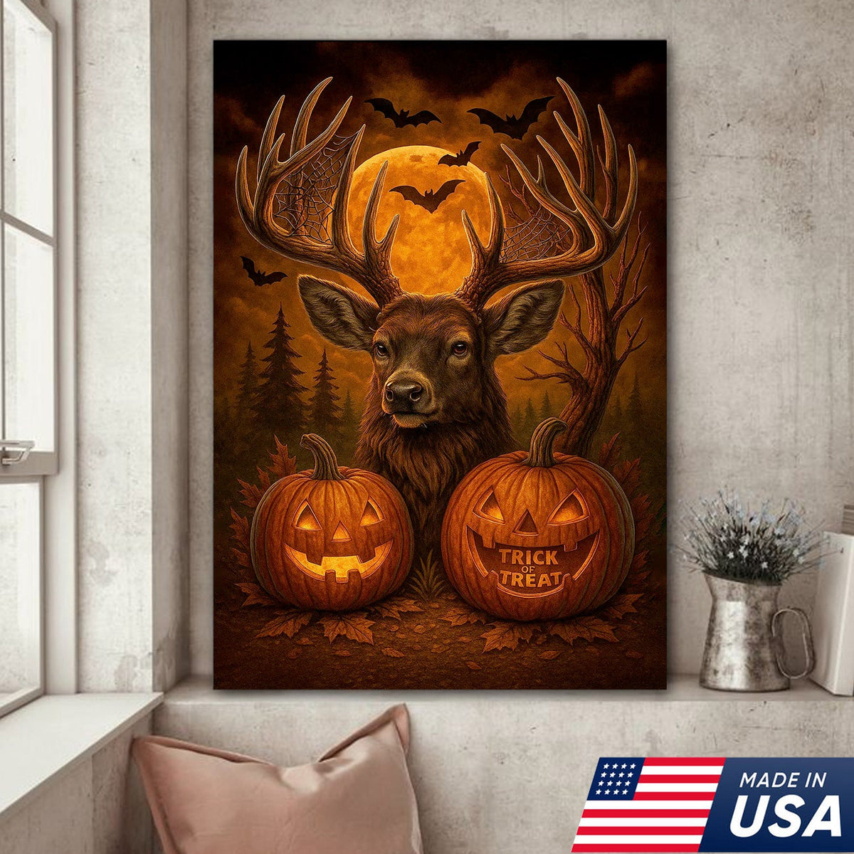 Trophy Buck Halloween Canvas Wall Art – Spooky Deer with Pumpkins and Full Moon Decor
