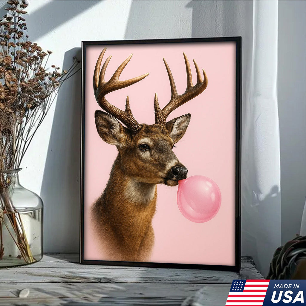 Funny Deer Blowing Bubblegum Wall Art – Modern Animal Canvas Print for Living Room