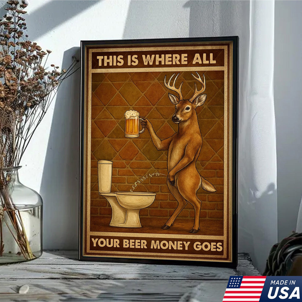 Funny Deer Beer Canvas Wall Art – Rustic Hunting Lodge Bar Decor Gift for Hunters & Beer Lovers