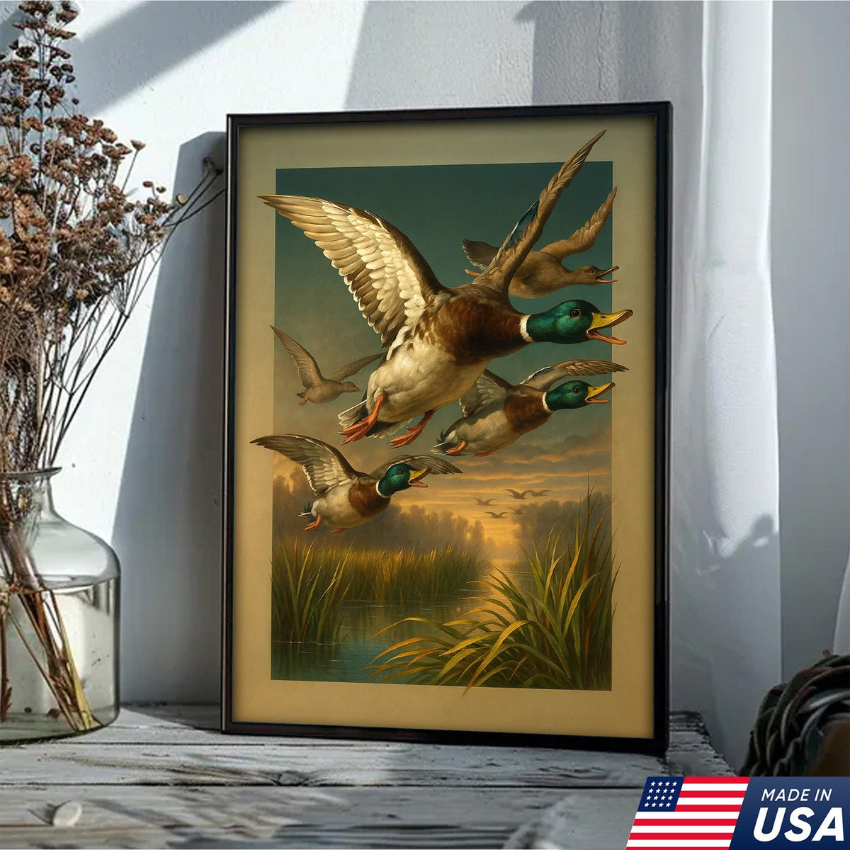 Mallard Ducks Flying Over Marsh Wall Art – Vintage Wildlife Canvas Print