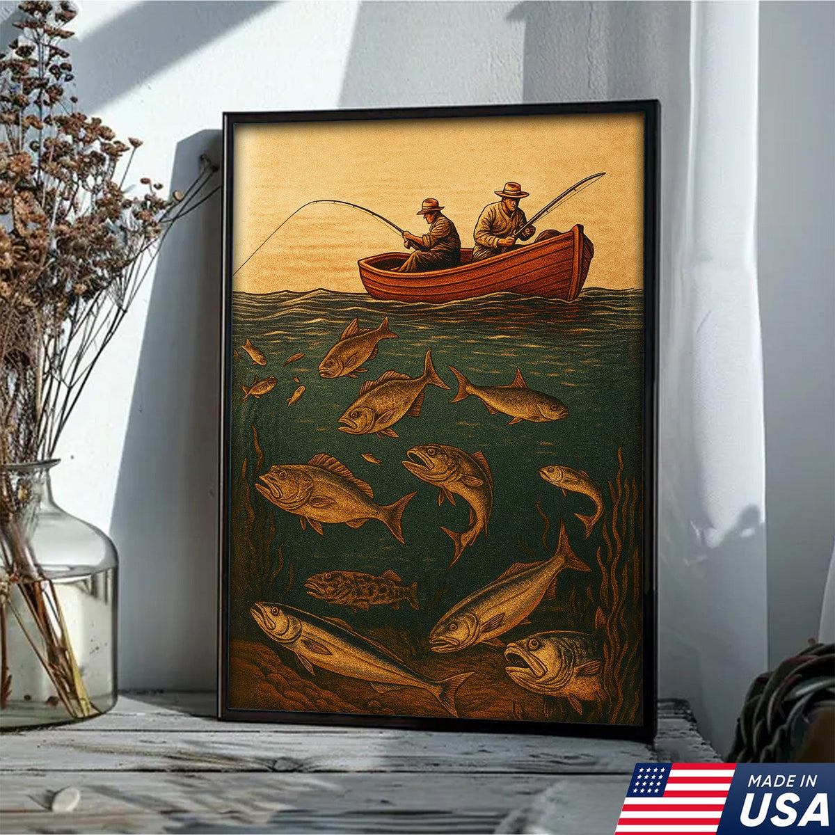 Vintage Fishermen Woodcut Wall Art – Retro Fishing Canvas Print
