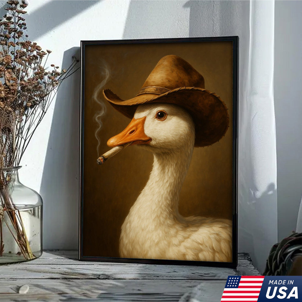 Cowboy Duck Canvas Wall Art – Funny Rustic Decor for Hunters & Man Cave