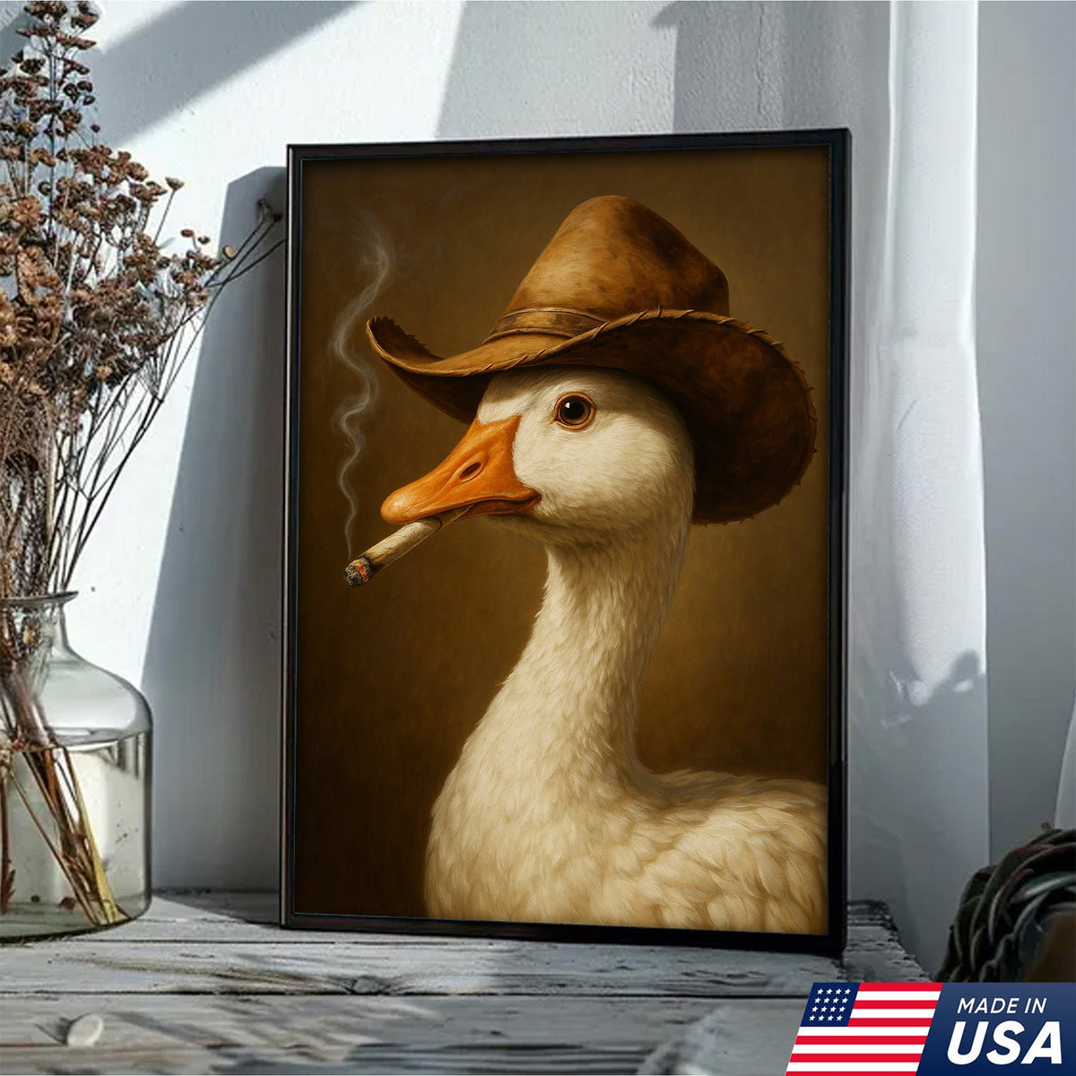 Cowboy Duck Canvas Wall Art – Funny Rustic Decor for Hunters & Man Cave