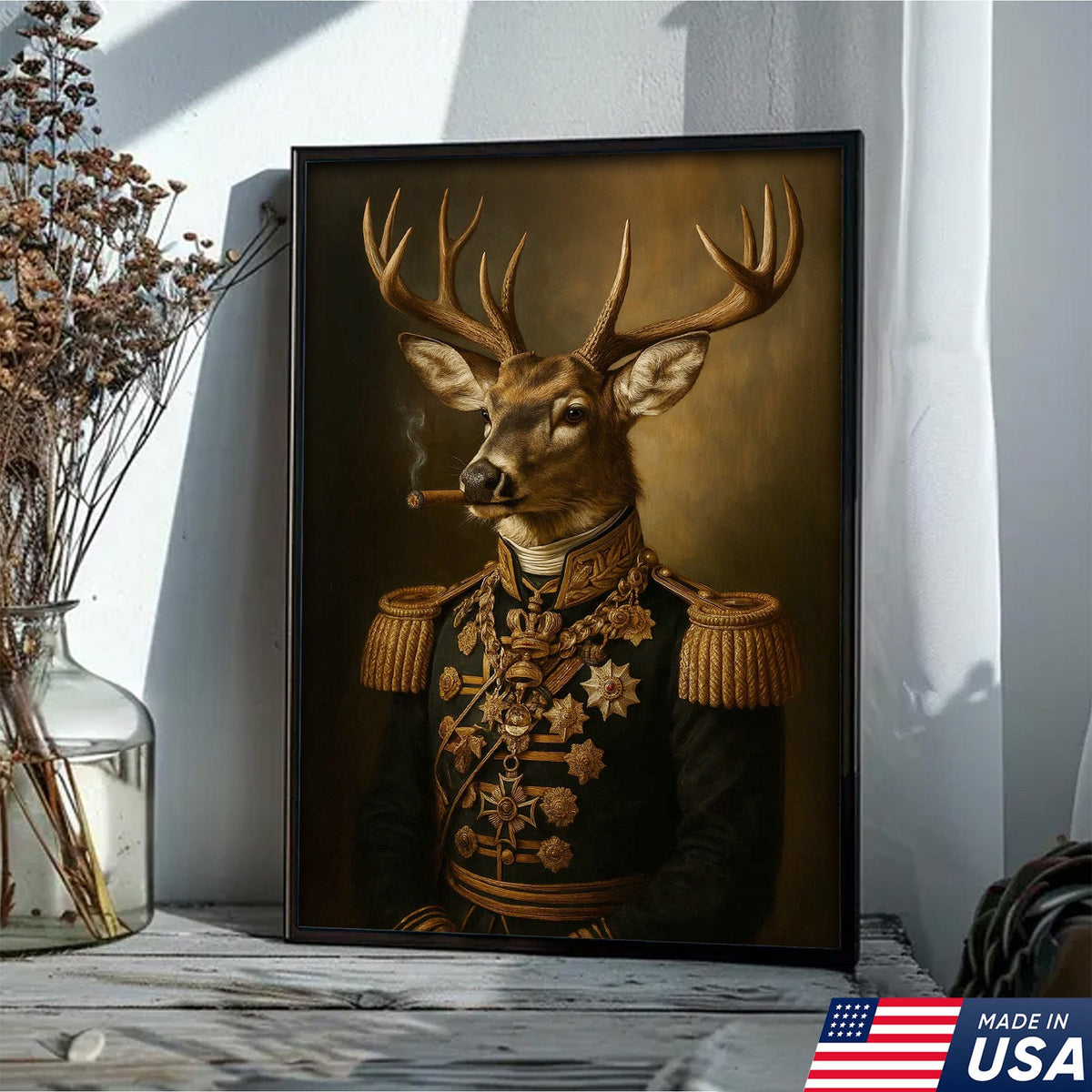 Royal Deer Portrait Canvas Wall Art, Elegant Animal Dressed in Military Uniform, Vintage Noble Stag Artwork