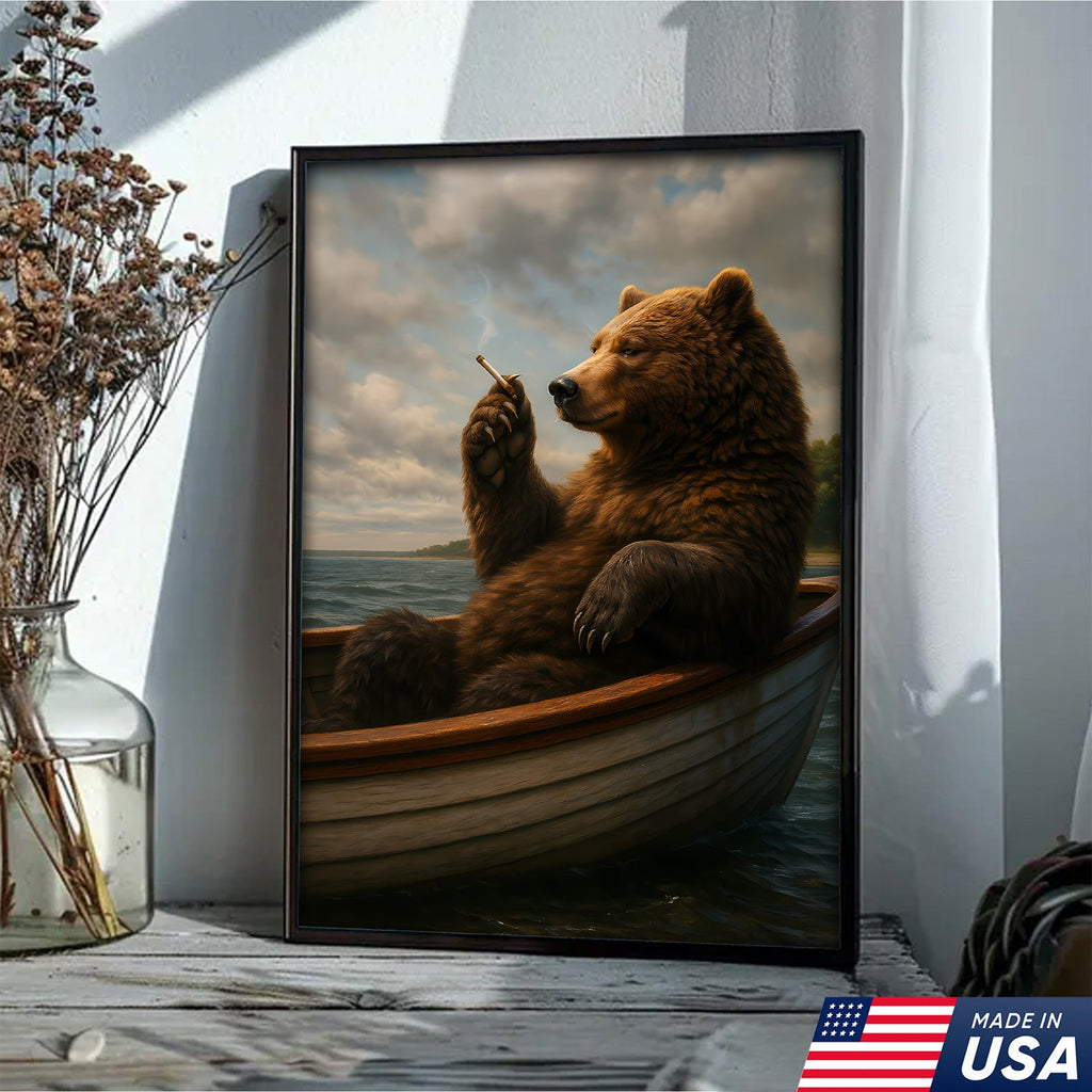 The Chill Bear on the Boat Wall Art Canvas – Funny Relaxed Wall Art for Men