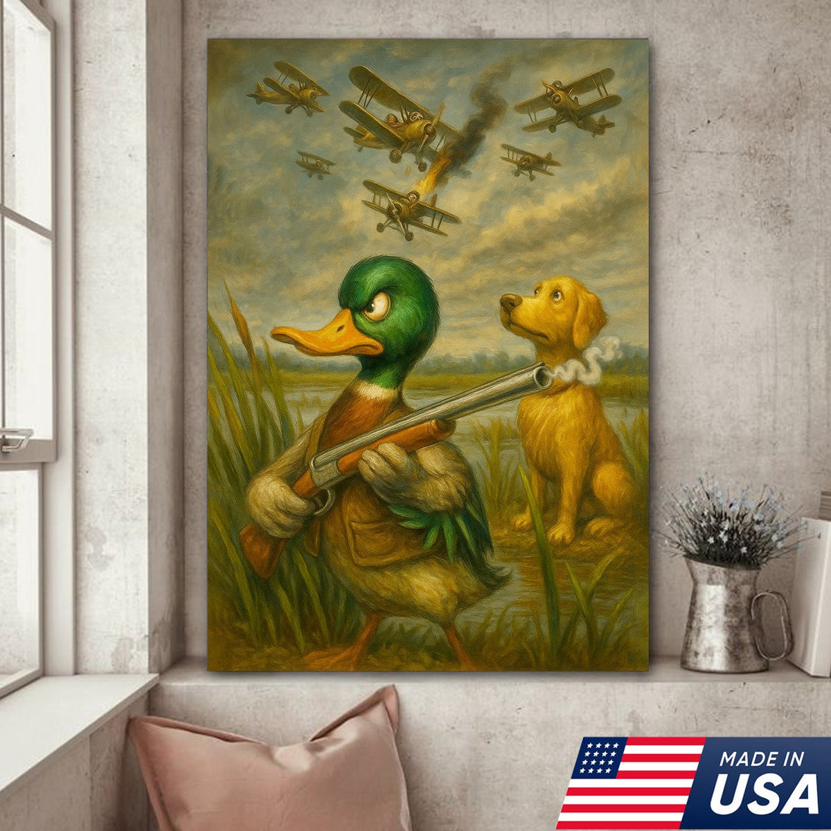 Funny Duck with Shotgun Canvas Wall Art – Hunting Dog & Airplane Battle Rustic Decor