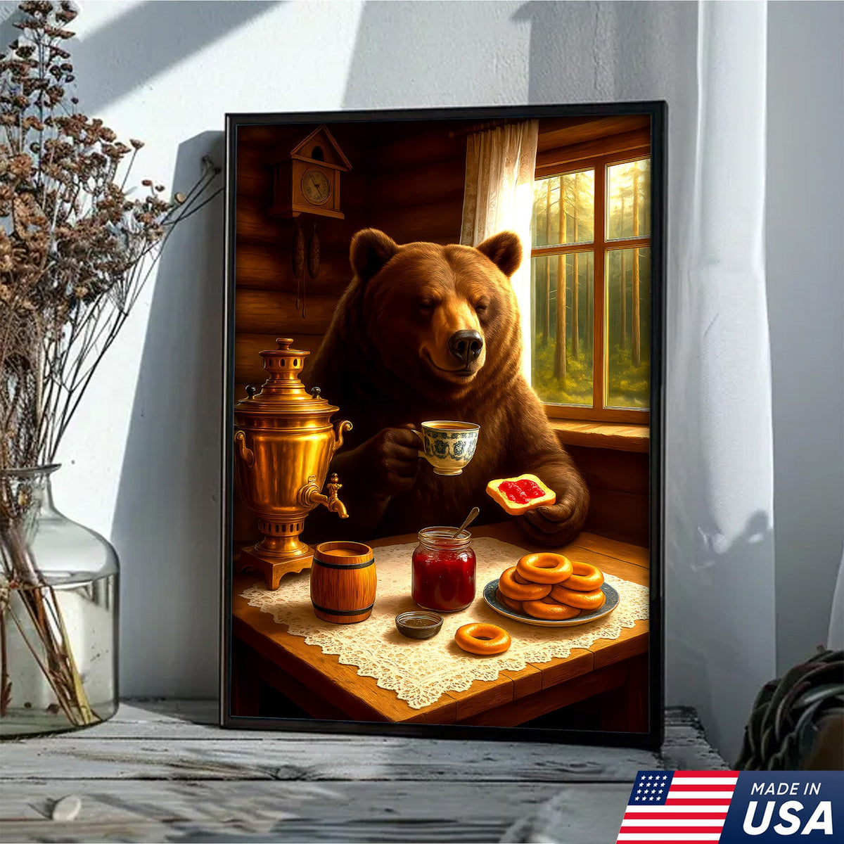 Relaxed Bear Having Tea Canvas Wall Art – Rustic Decor Funny Cozy Animal Canvas Art