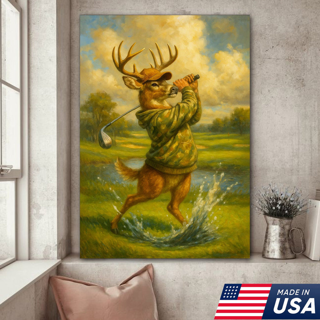 Funny Deer Playing Golf Canvas Wall Art – Rustic Hunting Cabin Lodge Decor, Man Cave & Golfer Gift