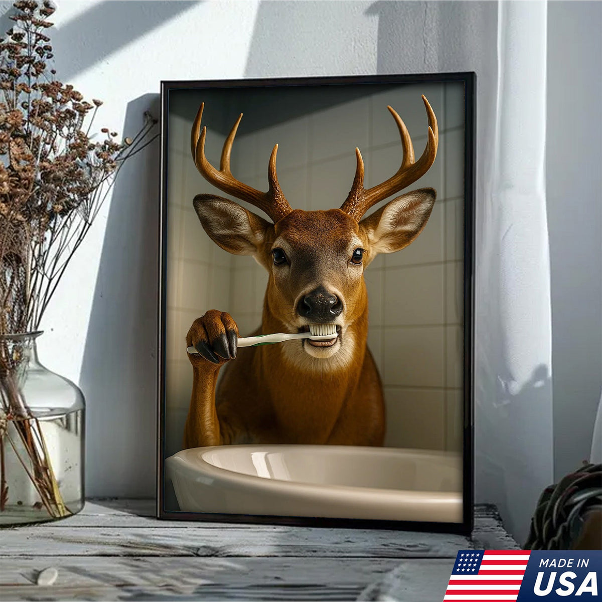 Deer Canvas Wall Art – Funny Buck Brushing Teeth Unique Bathroom Decor for Hunters