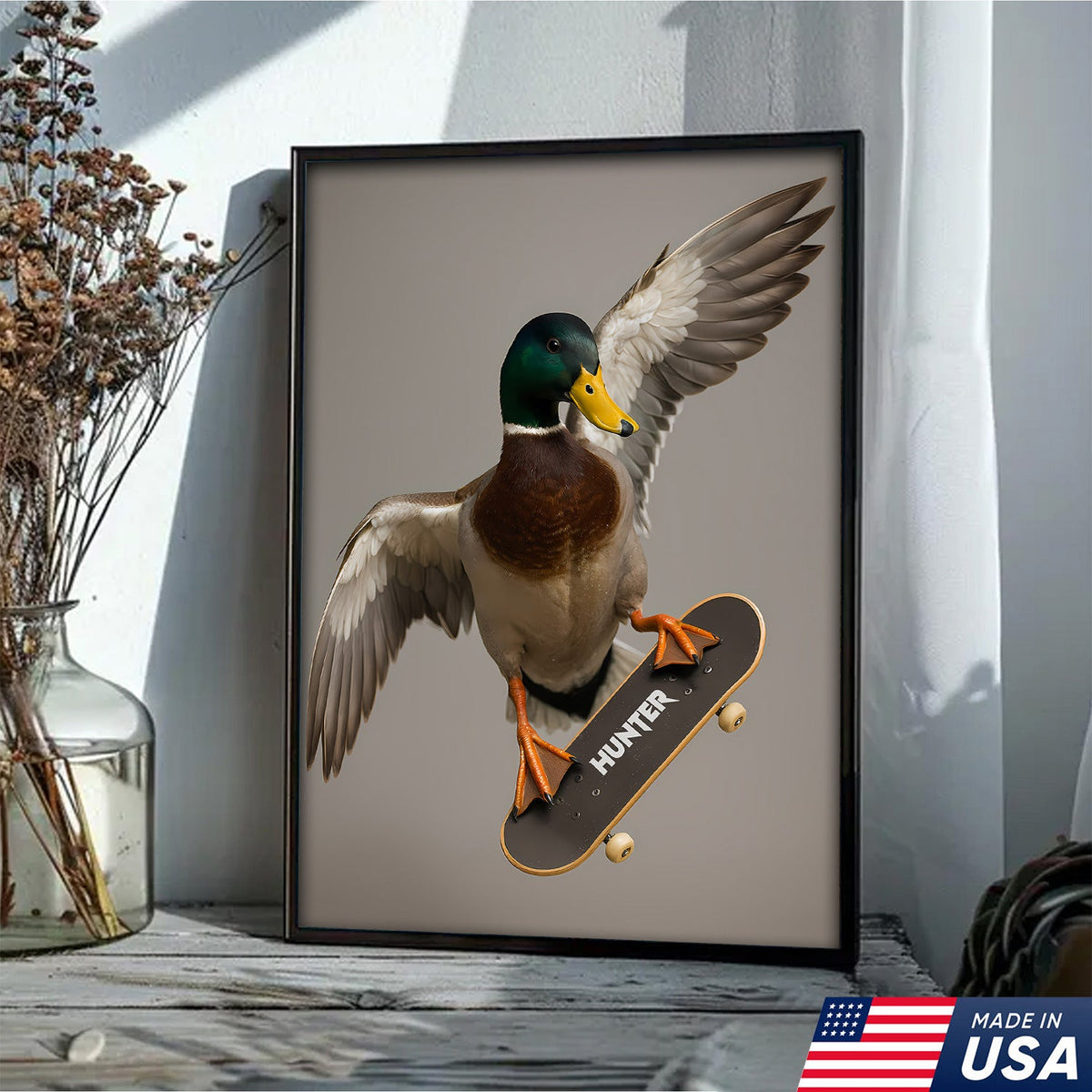 Funny Skater Duck Canvas, Cool Mallard Wall Art, Humorous Bird Lover Decor for Man Cave
