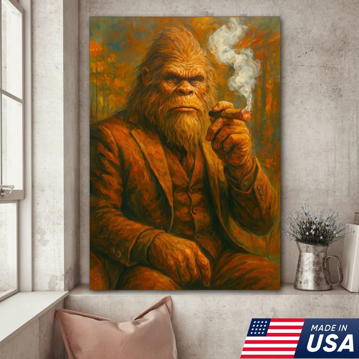 Bigfoot Smoking Canvas, Sasquatch Wall Art Print for Man Cave, Rustic Cabin