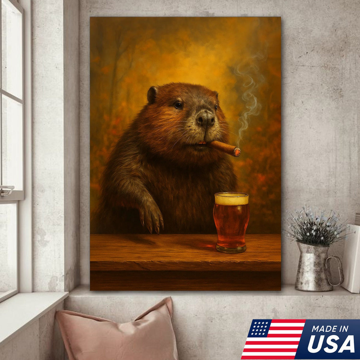 Funny Beaver Smoking with Cocktail Glasses Canvas – Rustic Cabin & Hunting Lodge Wall Art