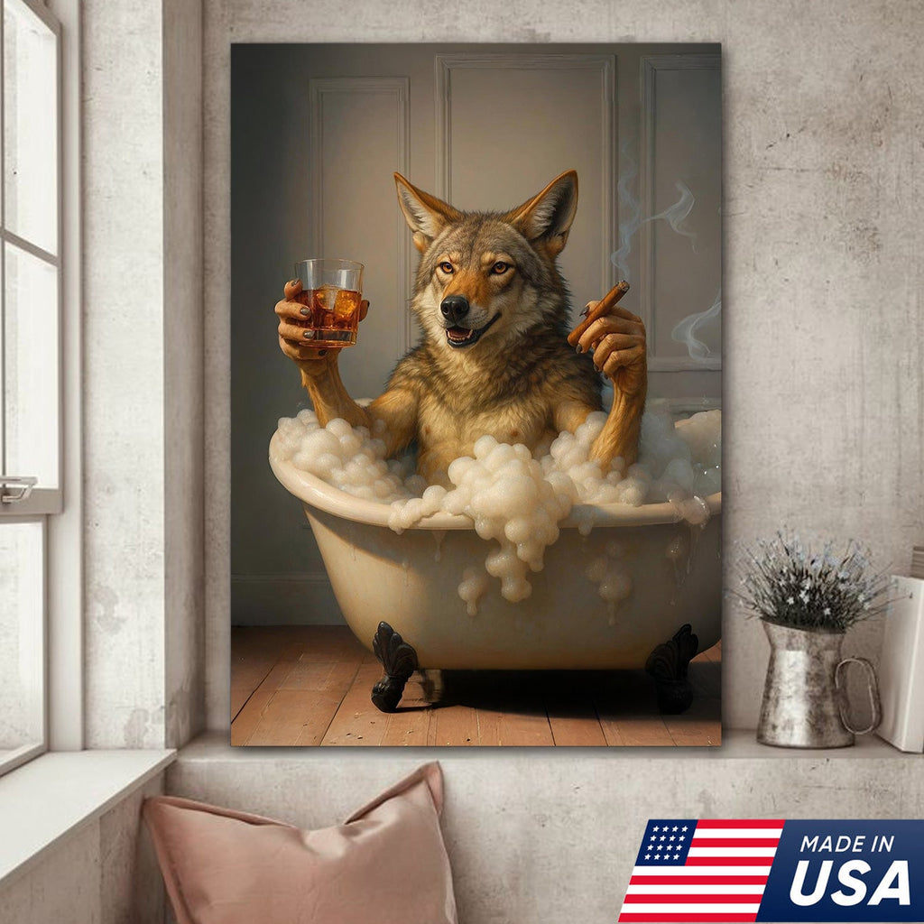 Wolf Coyote Chilling in Bubble Bath Canvas Wall Art – Whimsical Bathroom Decor