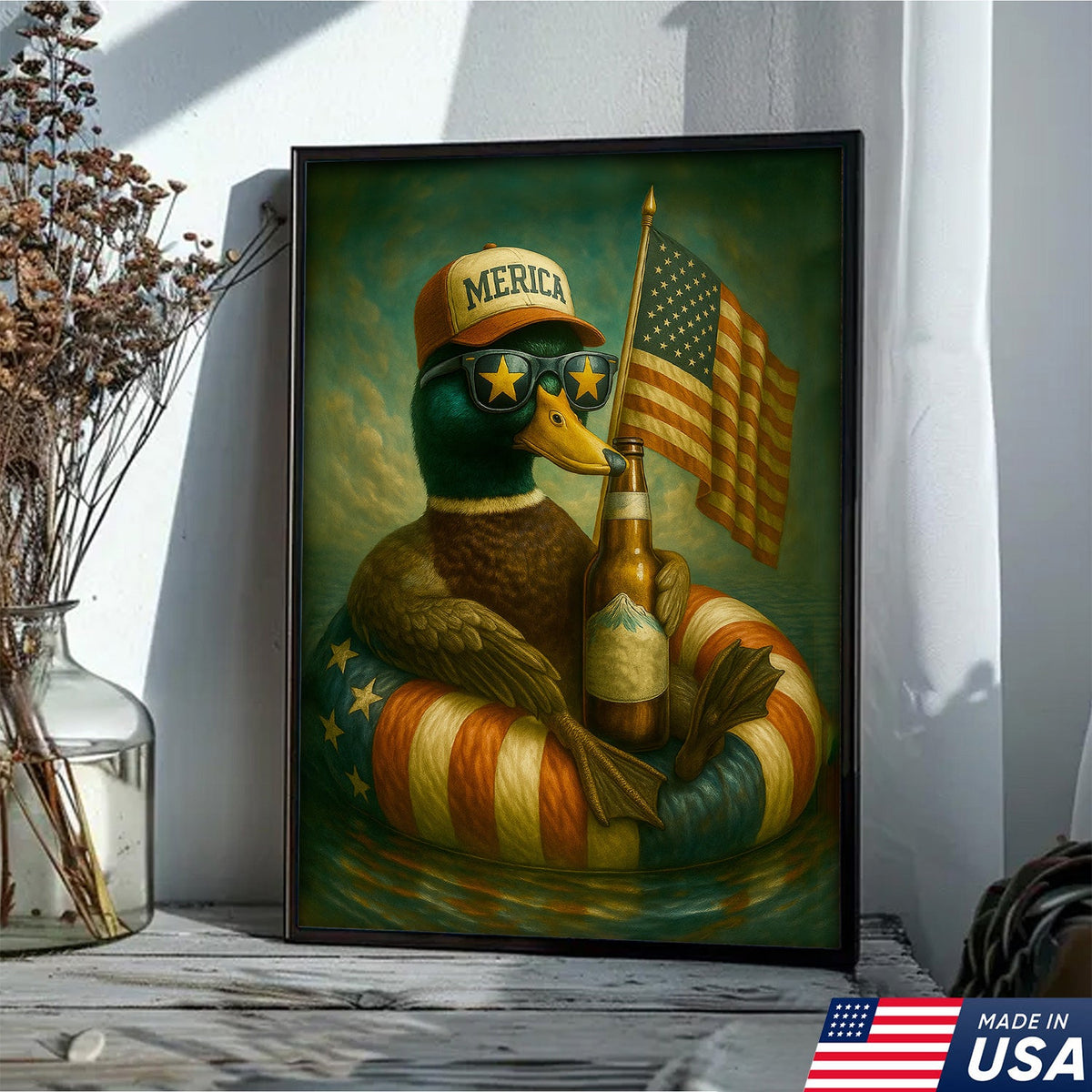 Funny Patriotic Duck Canvas Wall Art – Rustic American Flag Decor Gift for Hunters & Beer Lovers
