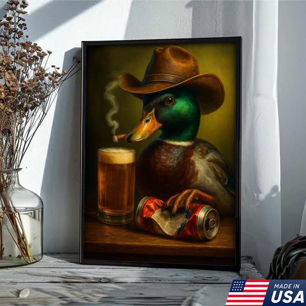 Duck Cowboy Canvas Wall Art – Funny Rustic Beer Decor for Waterfowl Hunters & Cabins