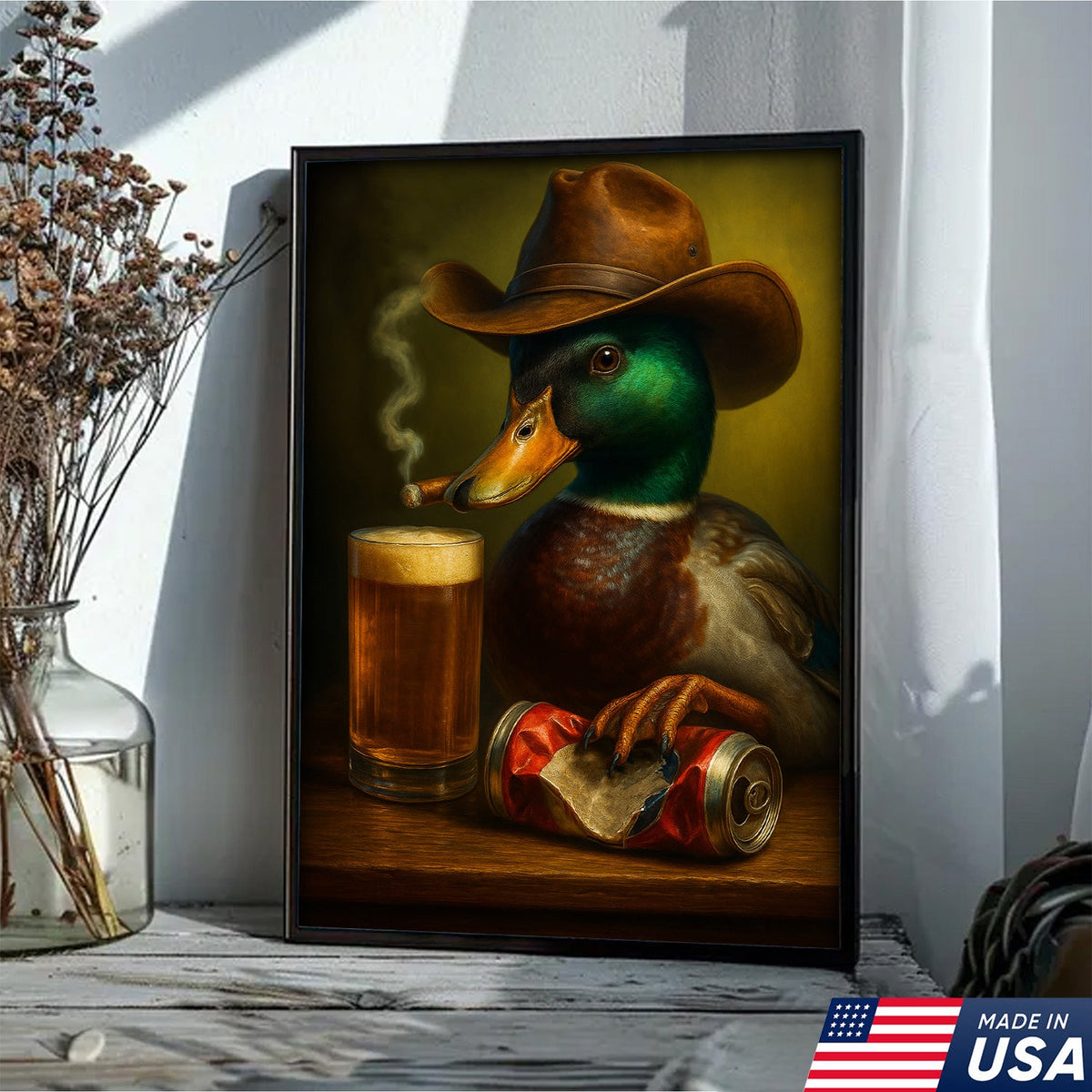 Duck Cowboy Canvas Wall Art – Funny Rustic Beer Decor for Waterfowl Hunters & Cabins