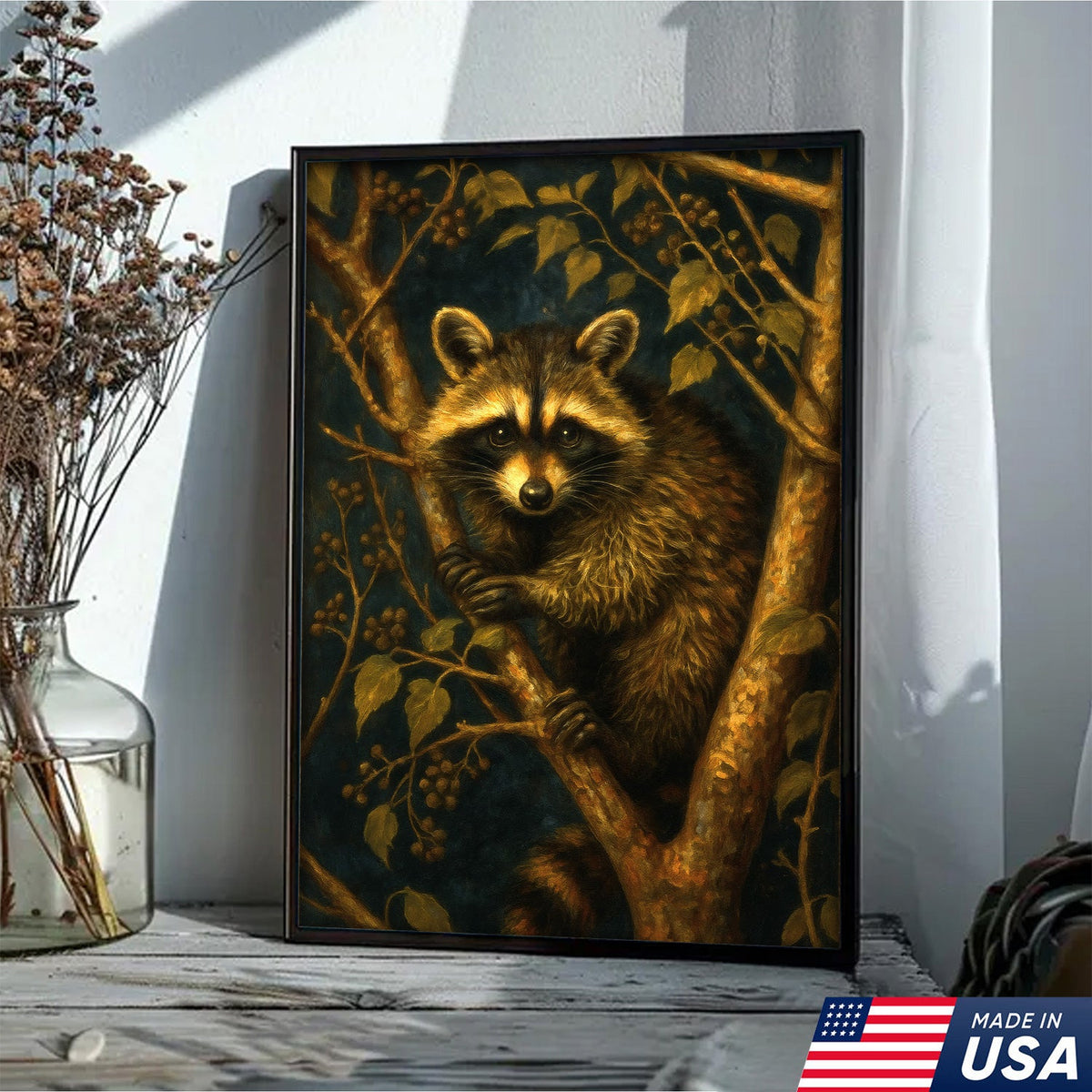 Raccoon Canvas Wall Art – Forest Night Wildlife, Rustic Lodge Decor, Gift for Animal Lovers