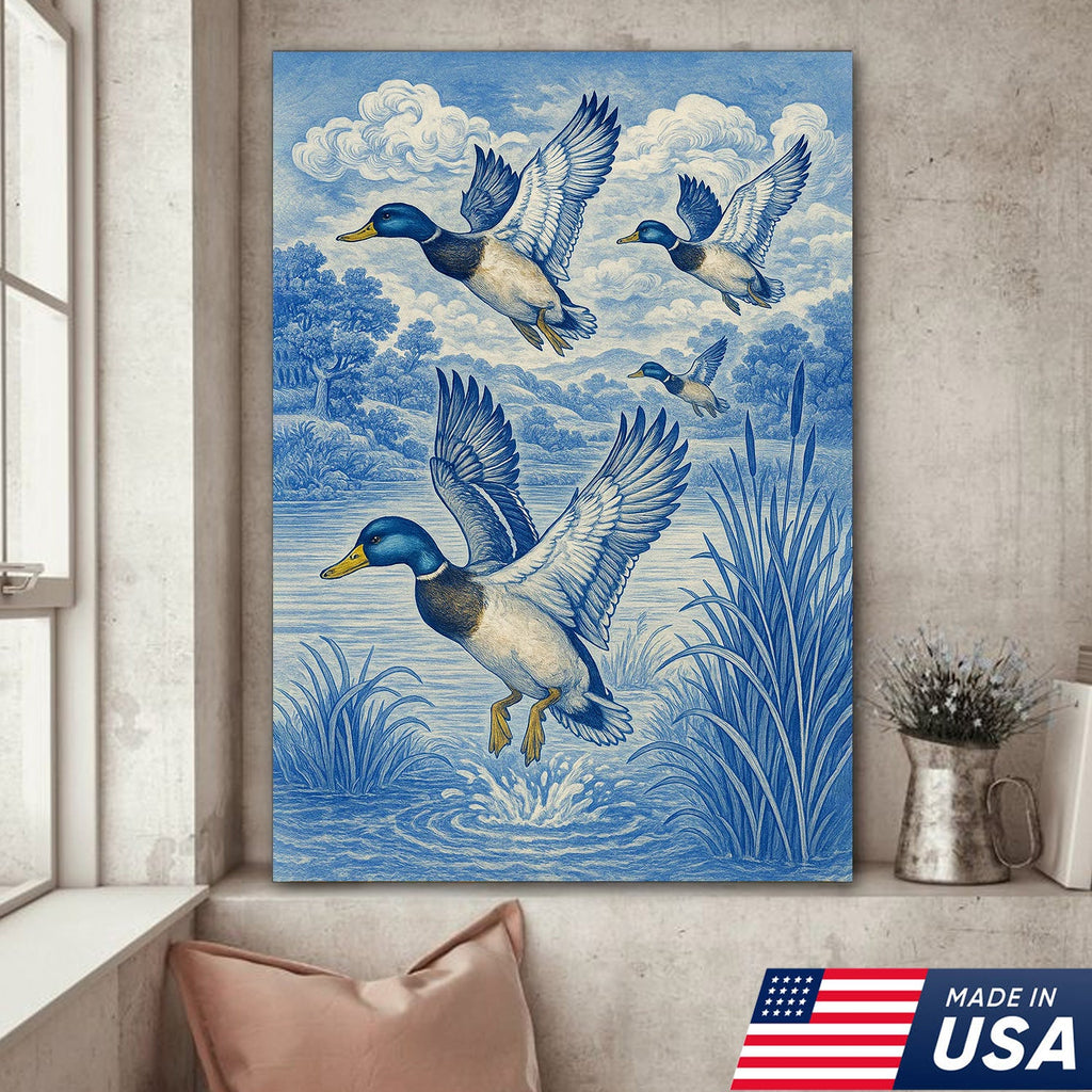 Vintage Mallard Duck Hunting Canvas – Rustic Blue Wildlife Wall Art USA