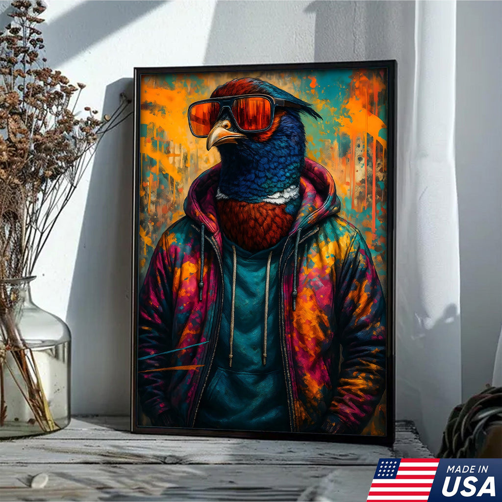 Cool Pheasant Wall Art – Hipster Bird in Hoodie Canvas Print, Urban Street Style Home Decor Gift