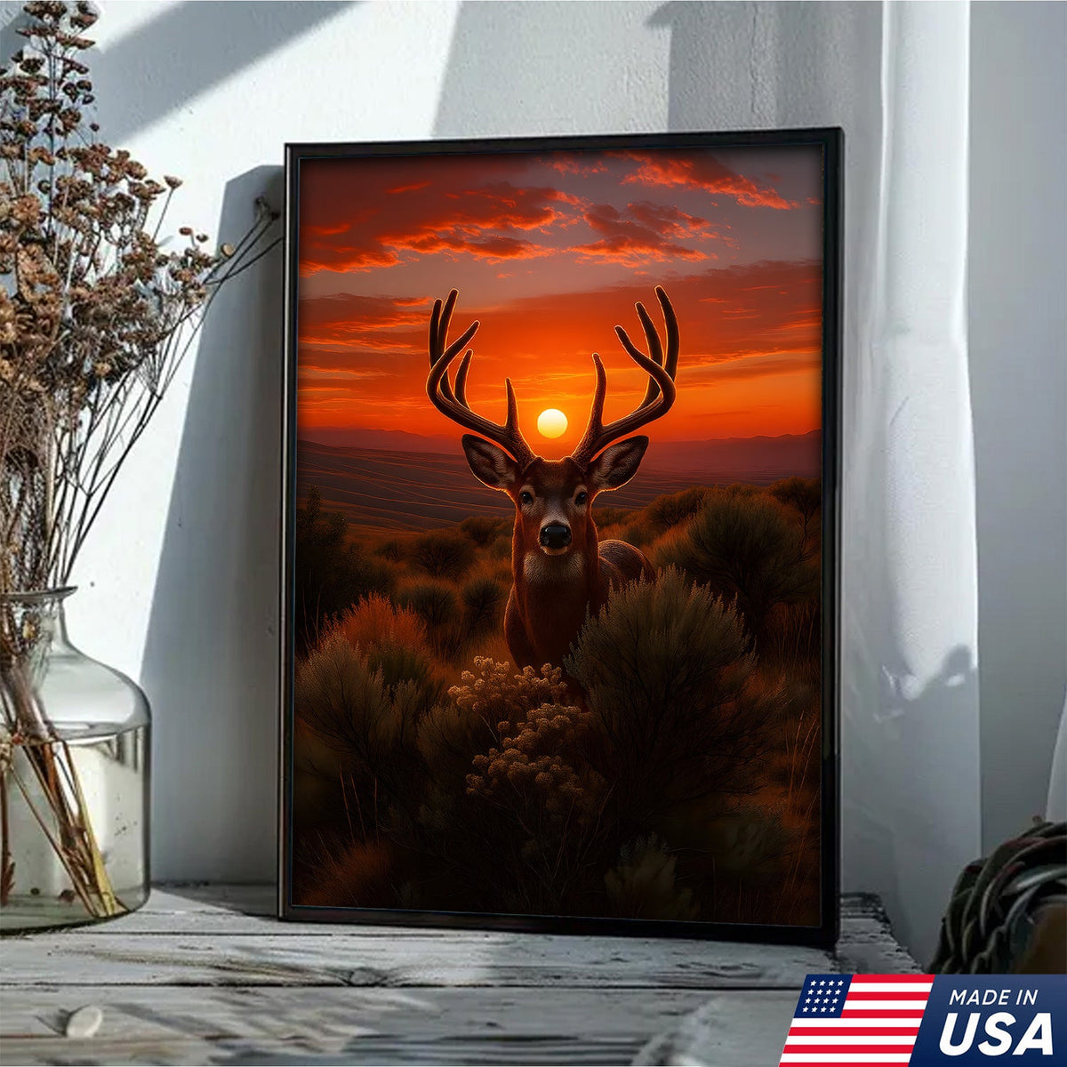Deer Sunset Canvas Wall Art, Majestic Buck Silhouette in Orange Sky