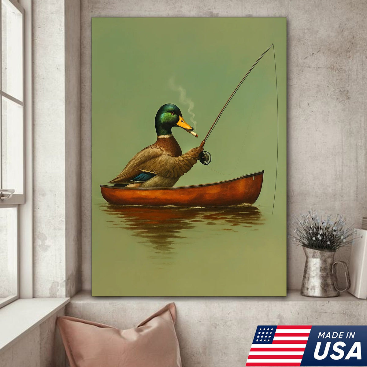 Funny Duck Fishing Canvas Wall Art, Rustic Cabin Decor for Hunters & Fishermen