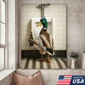 Funny Mallard Duck Holding Beer Bathroom Canvas – Duck at Urinal Wall Art, Rustic Cabin