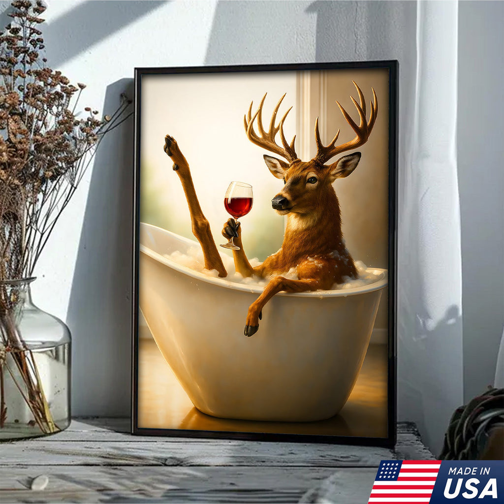 Relaxing Deer in Bathtub Funny Wall Art – Unique Gift for Hunters, Rustic Cabin Decor Canvas