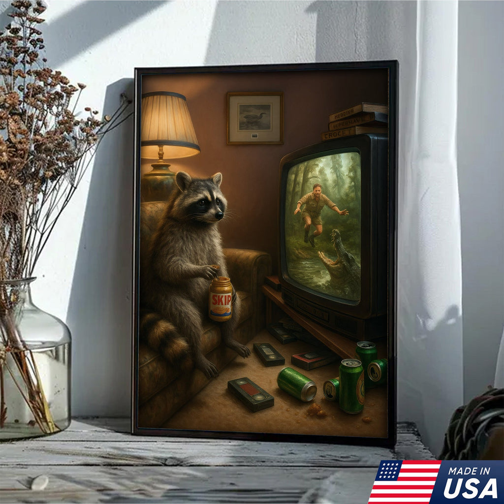 Funny Raccoon Watching TV Wall Art – Lazy Animal Painting, Wildlife Humor Canvas