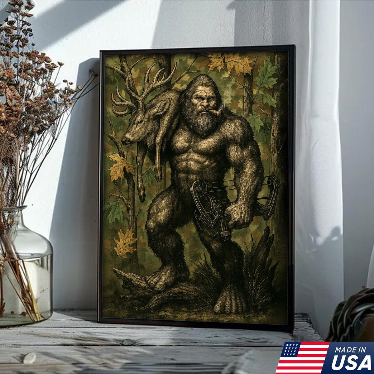 Bigfoot Hunter Canvas Wall Art, Mythical Sasquatch Bowhunting Deer Artwork