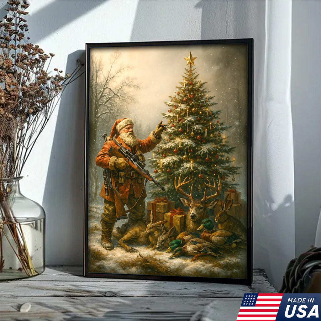 Santa Hunter Christmas Wall Art – Rustic Holiday Canvas for Cabin, Farmhouse & Hunter Decor