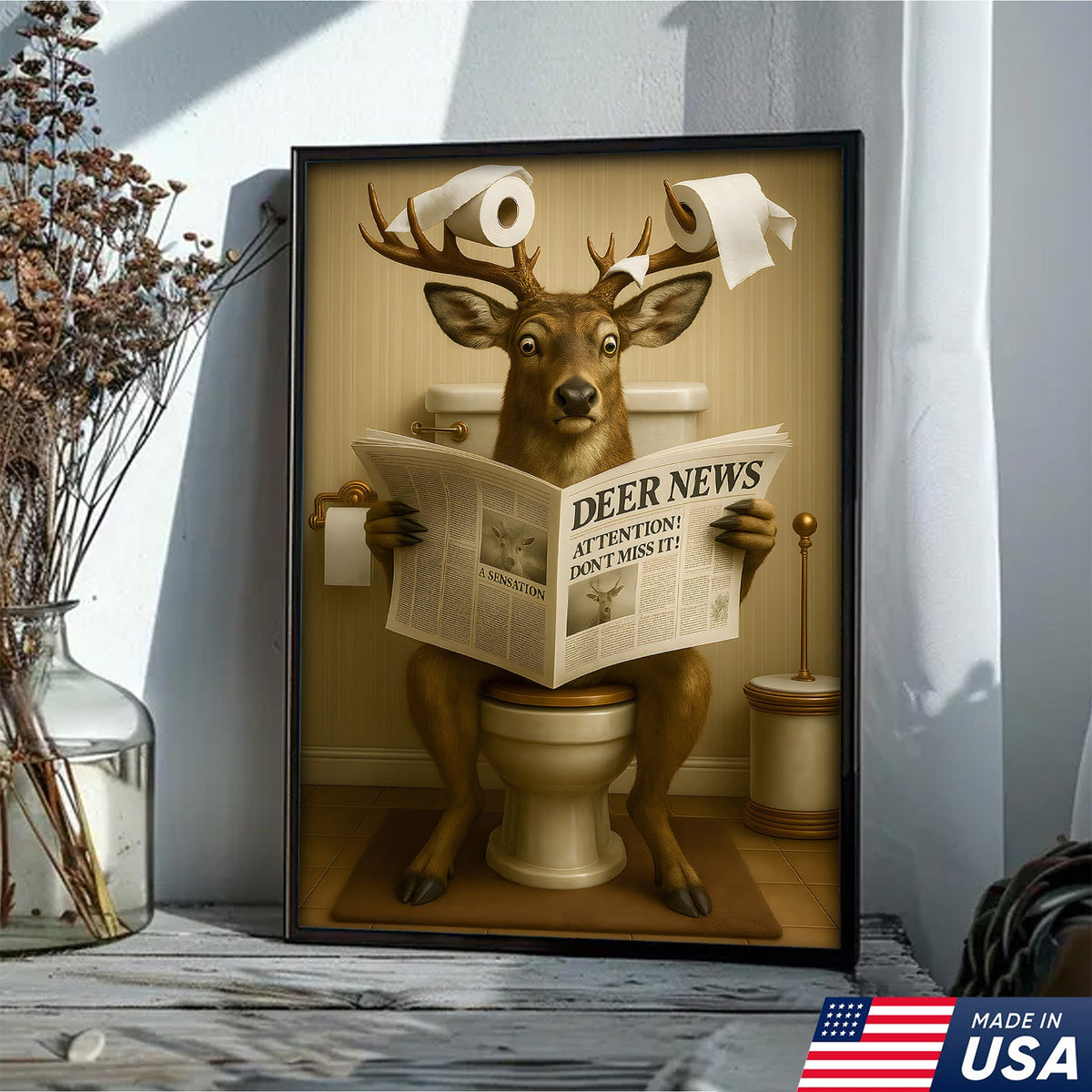 Funny Deer Bathroom Canvas – “Deer News” Toilet Wall Art for Hunters, Cabin, or Man Cave Decor