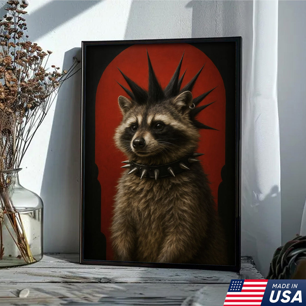 Punk Raccoon Canvas Wall Art, Spiked Mohawk Animal Portrait, Gothic Aesthetic Room Decor
