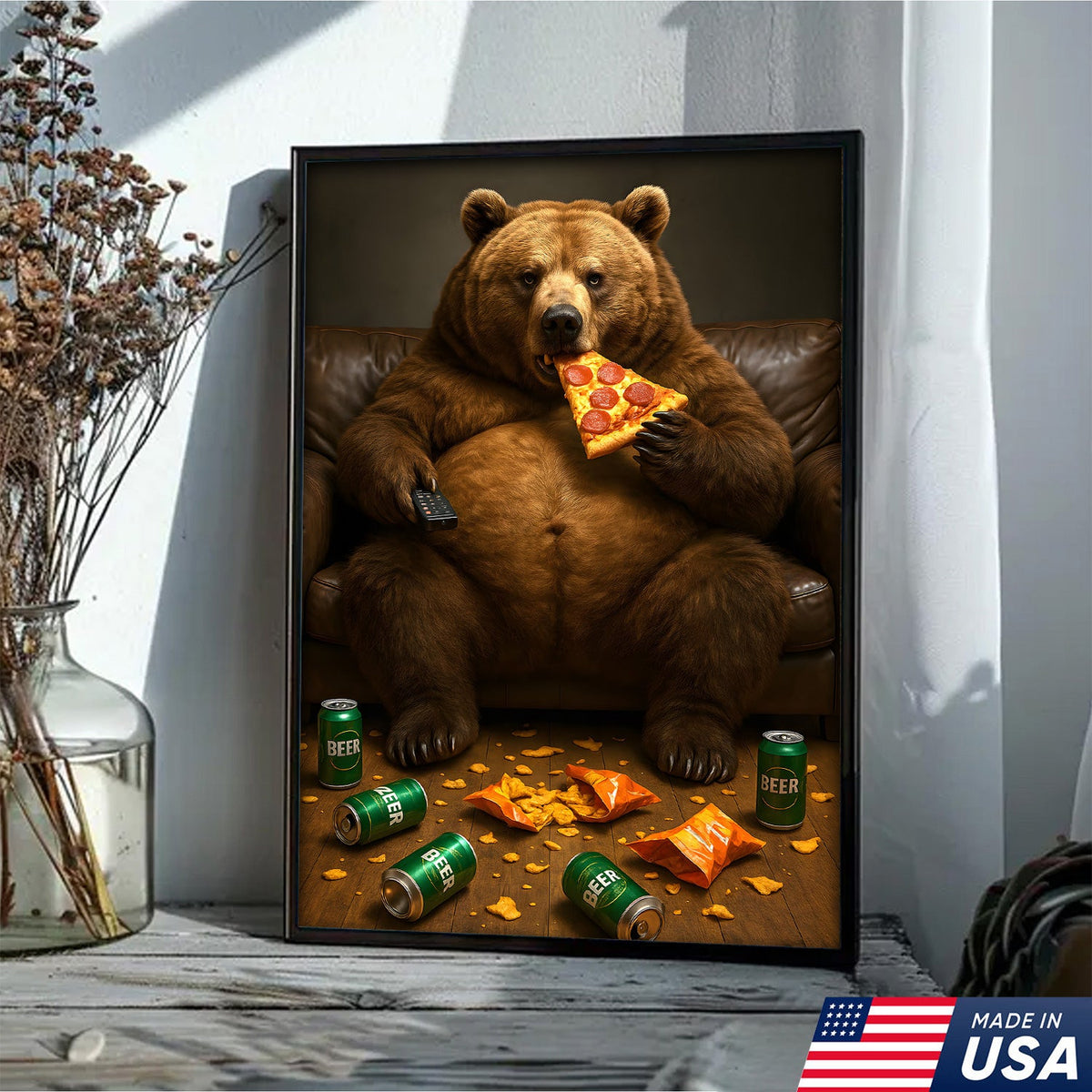 Funny Bear Eating Pizza Canvas Wall Art – Lazy Beer Lover Animal Canvas, Man Cave