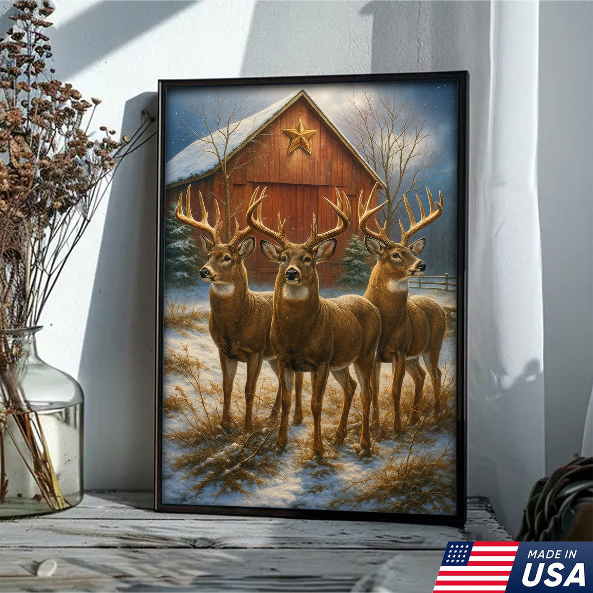 Deer Trio Winter Barn Canvas – Rustic Wildlife Wall Art Gift for Hunters, Nature & Christmas Lovers