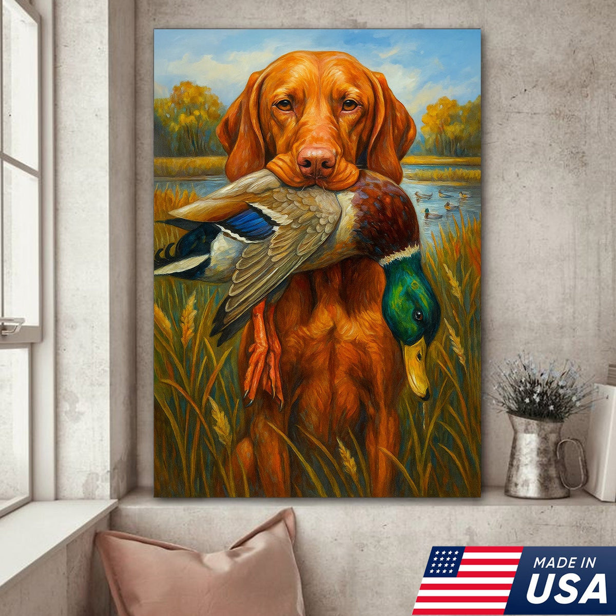 Rustic Hunting Wall Art – Dog and Duck Canvas Print