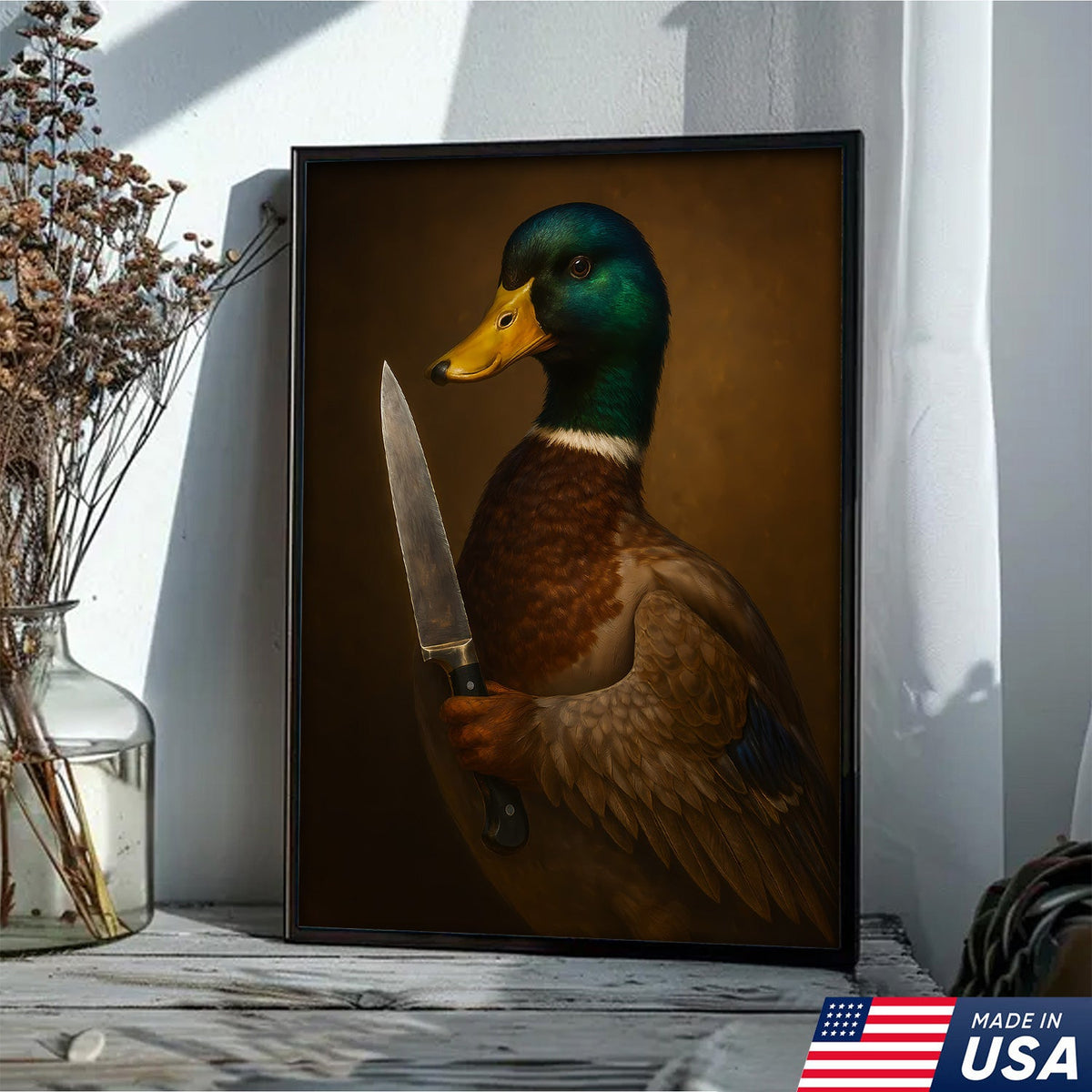 Funny Duck With Knife Wall Art – Mallard Portrait Painting, Dark Humor Animal Canvas