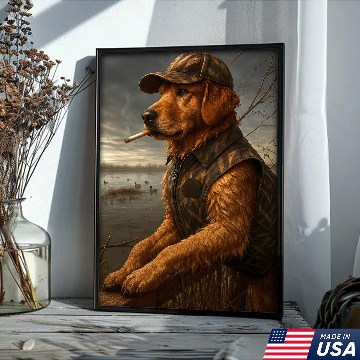 Golden Retriever Hunting Dog Canvas Wall Art, Duck Hunter Lab in Camo Vest