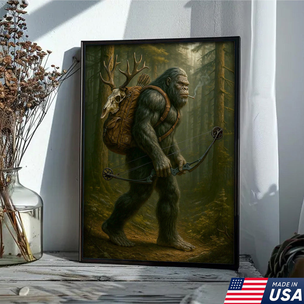 Bigfoot Hunter Canvas, Forest Archery Wall Art, Rustic Woodland Decor for Outdoor Adventure Lovers