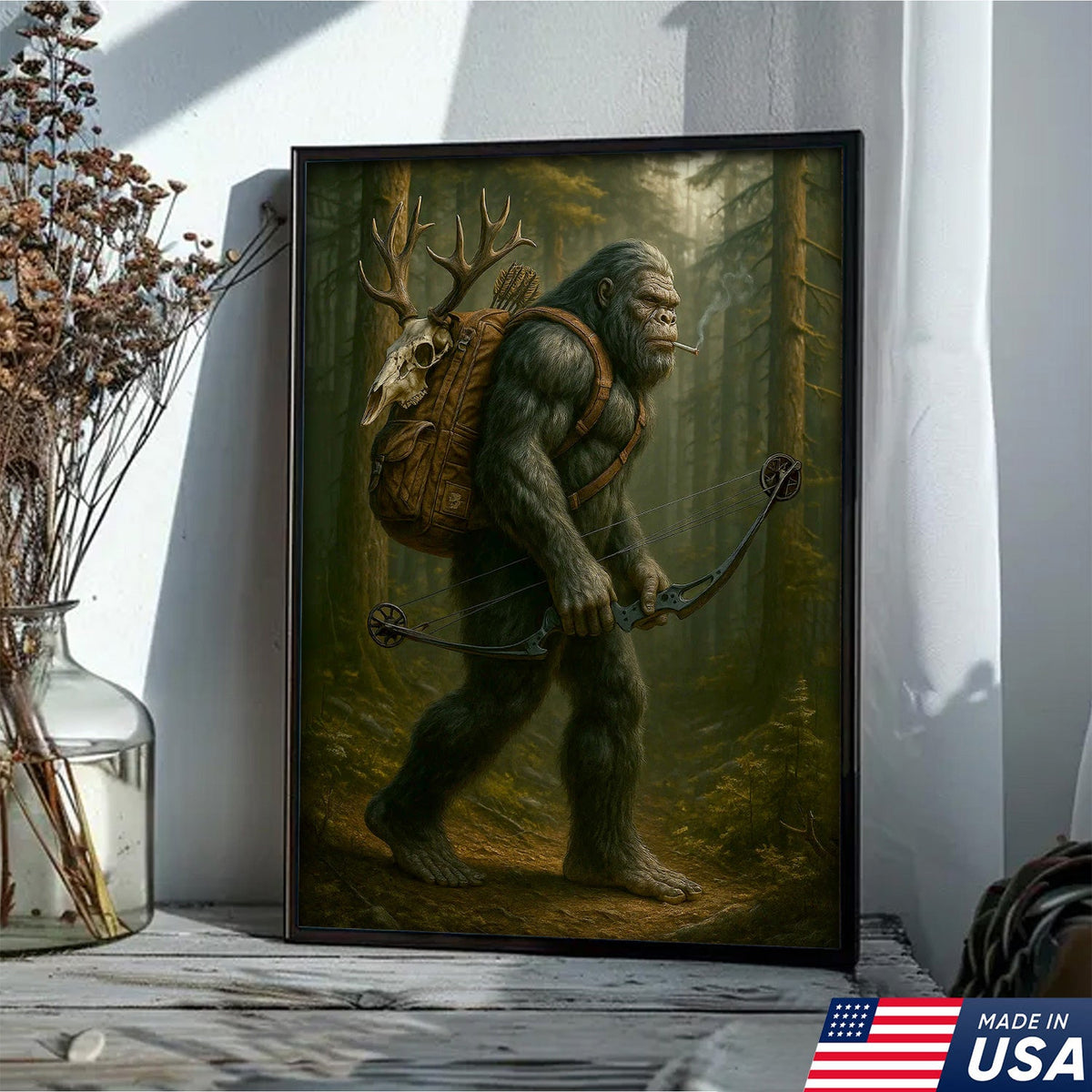 Bigfoot Hunter Canvas, Forest Archery Wall Art, Rustic Woodland Decor for Outdoor Adventure Lovers