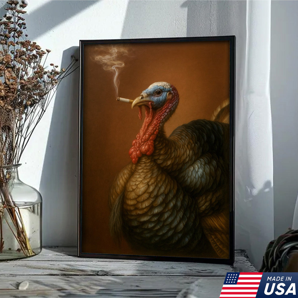 Funny Turkey Smoking Canvas Wall Art – Rustic Farmhouse Gift for Hunters & Wildlife Lovers