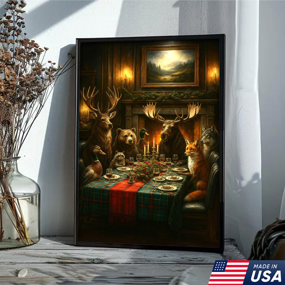 Rustic Wildlife Dinner Scene Wall Art Canvas – Forest Animal Gathering Decor