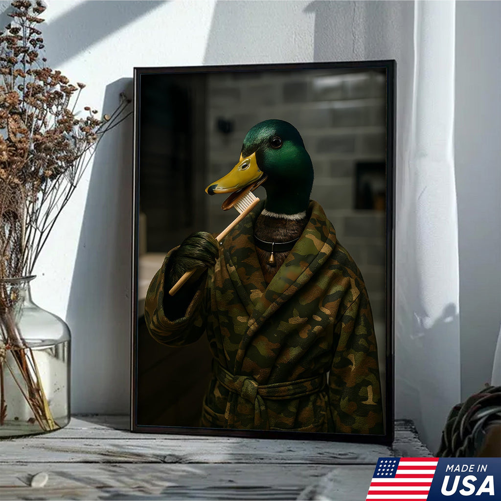 Funny Duck Brushing Teeth Canvas – Bathroom Wall Art for Men, Morning Routine Humor Decor