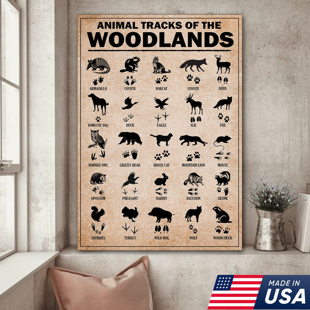 Animal Tracks of the Woodlands Canvas Wall Art, Wildlife Footprint Chart, Rustic Hunting Cabin