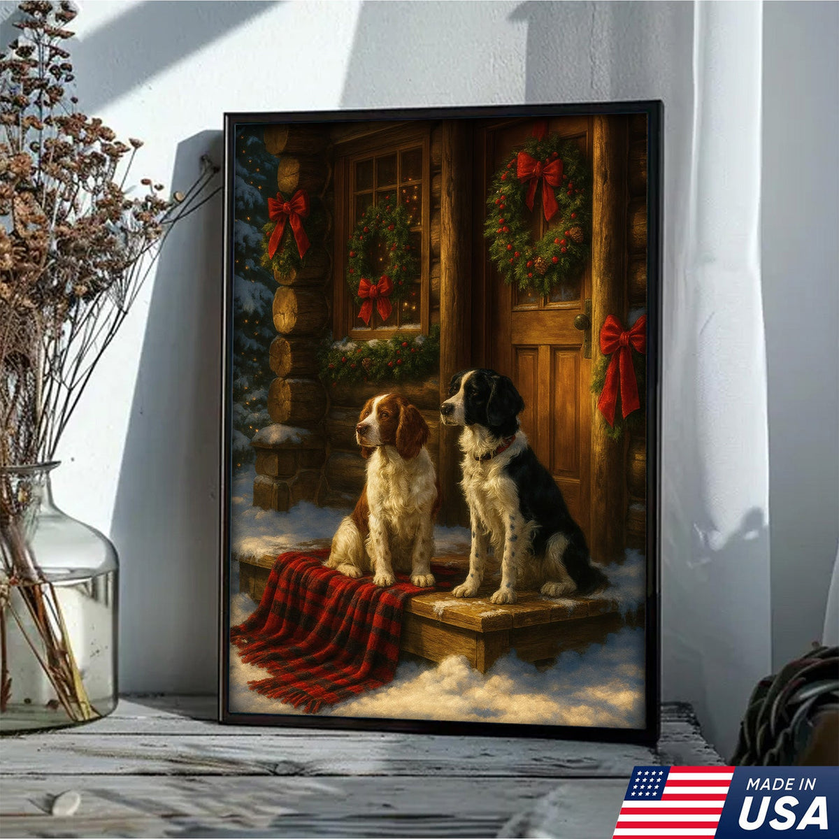 Christmas Dogs Canvas Wall Art, Winter Cabin Decor, Holiday Dog Print