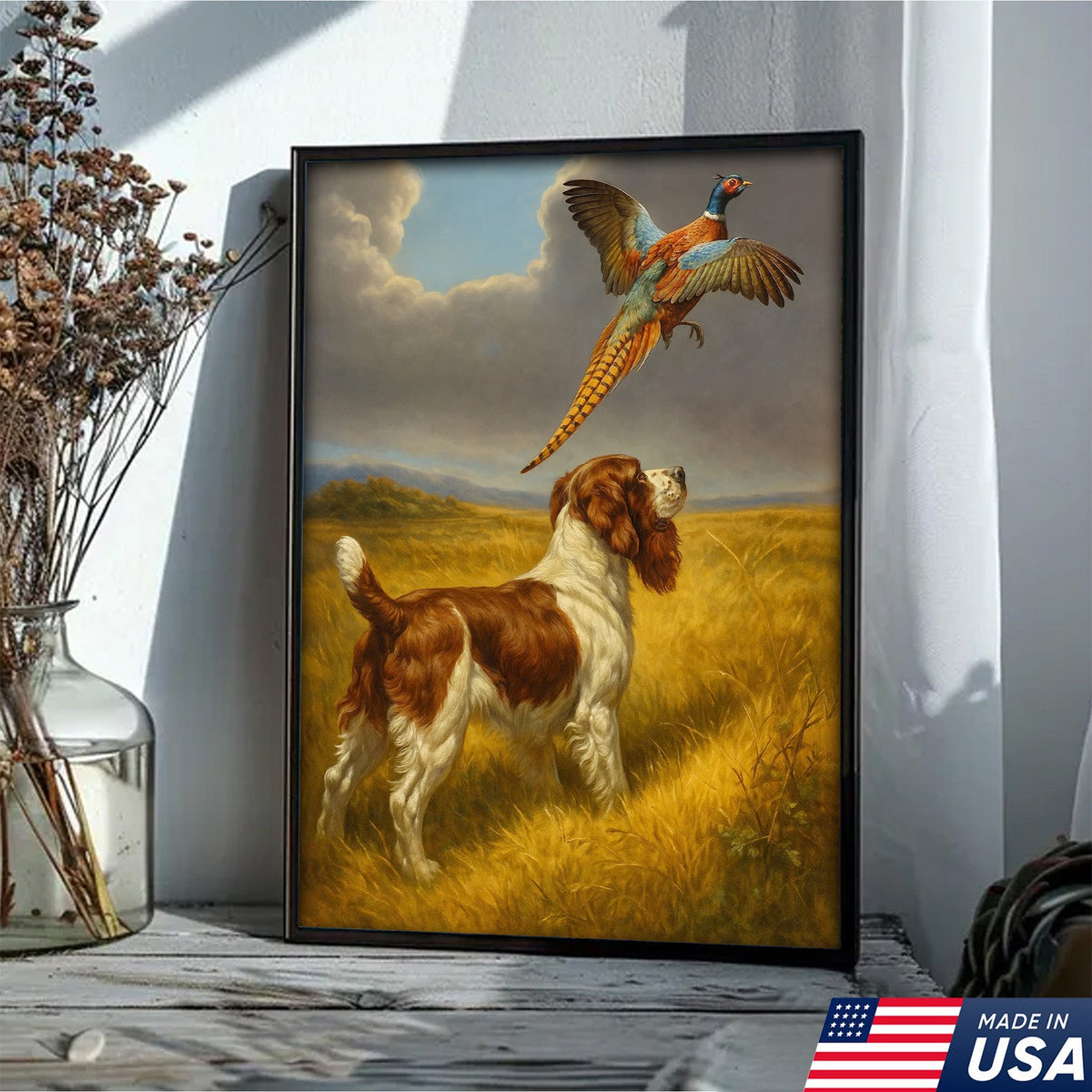 Hunting Dog and Pheasant Canvas Wall Art – Rustic Wildlife Scene – Lodge and Cabin Decor