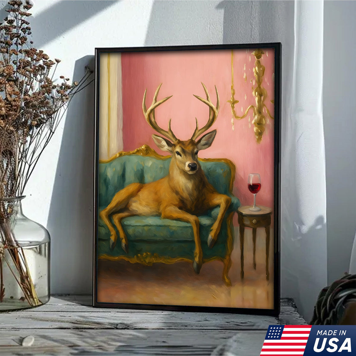 Funny Deer Chill On The Sofa Canvas Wall Art – Elegant Deer Drinking Wine Canvas