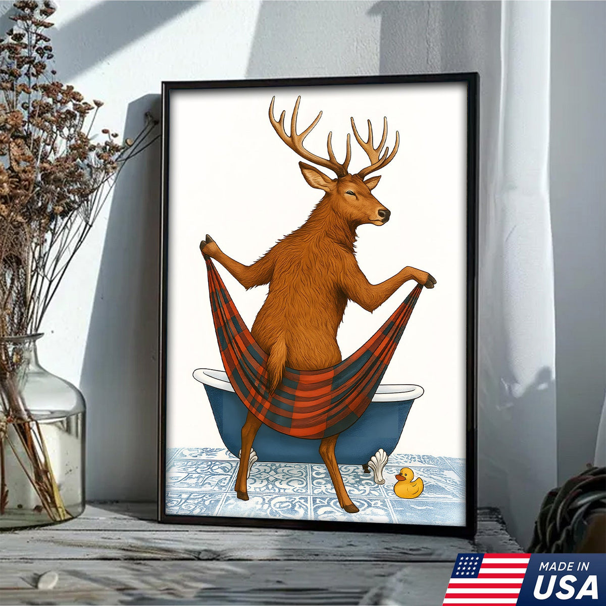 Funny Deer Bathroom Canvas Art – Unique Gift for Hunters, Rustic Cabin & Wildlife Lovers
